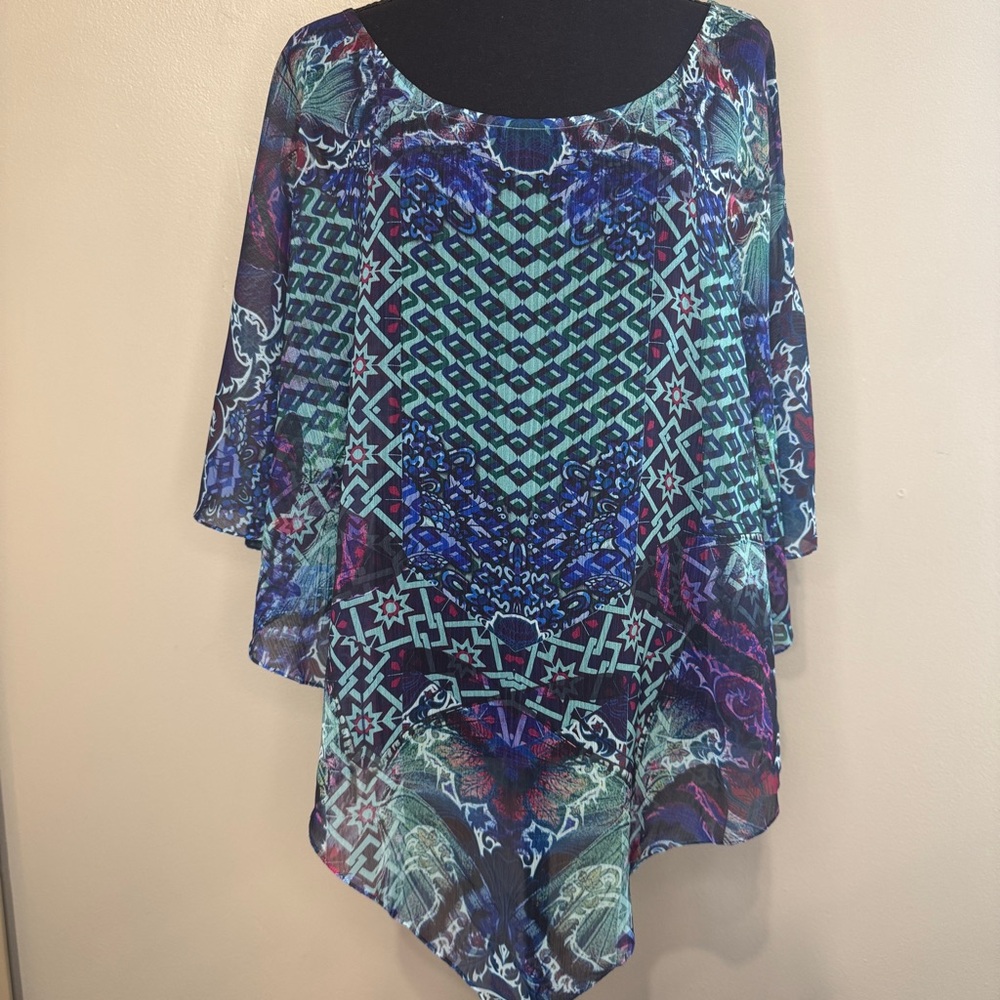 ONE WORLD Multicolor Sheer Geometric & Paisley Print Scarf Top